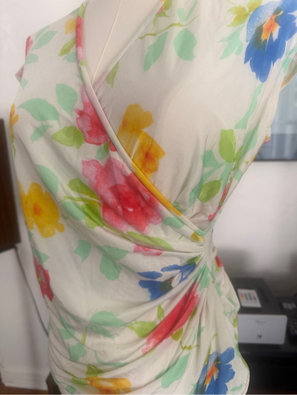 Floral Wrap-Front Cap Sleeve Top - White with Multi-Color Floral - Picture 2 of 5